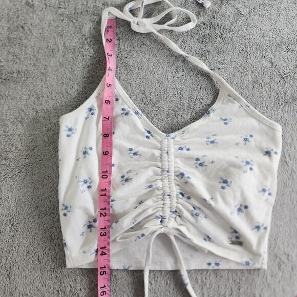 Hollister Top Women M Whit Blue Floral Tie Back Halter Ruched Crop Shelf Bra - Picture 9 of 12